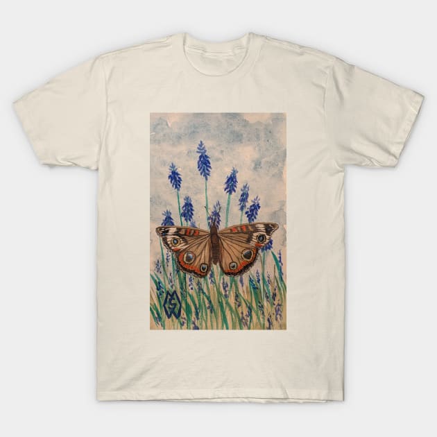 Buckeye butterfly in the grape hyacinth flowers T-Shirt by Matt Starr Fine Art